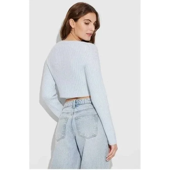 Wild Fable Womens Light Blue Ribbed Zip Up Cropped Sweater Long Sleeve Size S - Picture 10 of 10